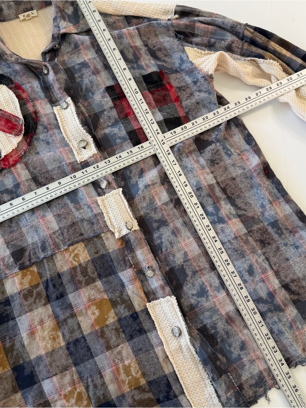 POL Shirt Womens Medium Oversized Boho Patchwork Lace Flannel Peace Sign Boho - Picture 5 of 9